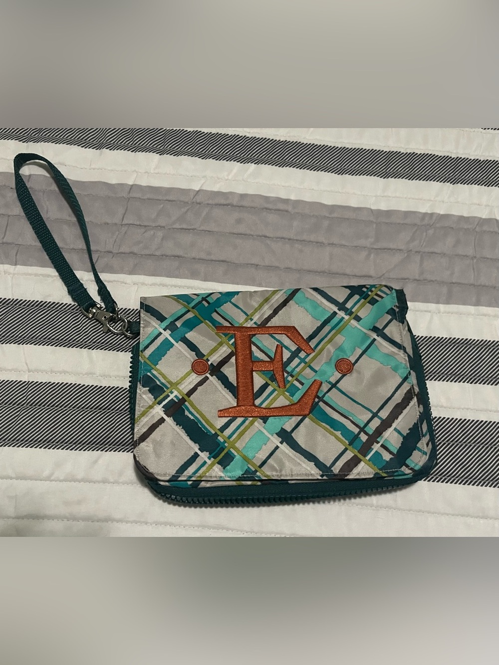 Thirty One Pet Wristlet Sea Plaid with embroidered E